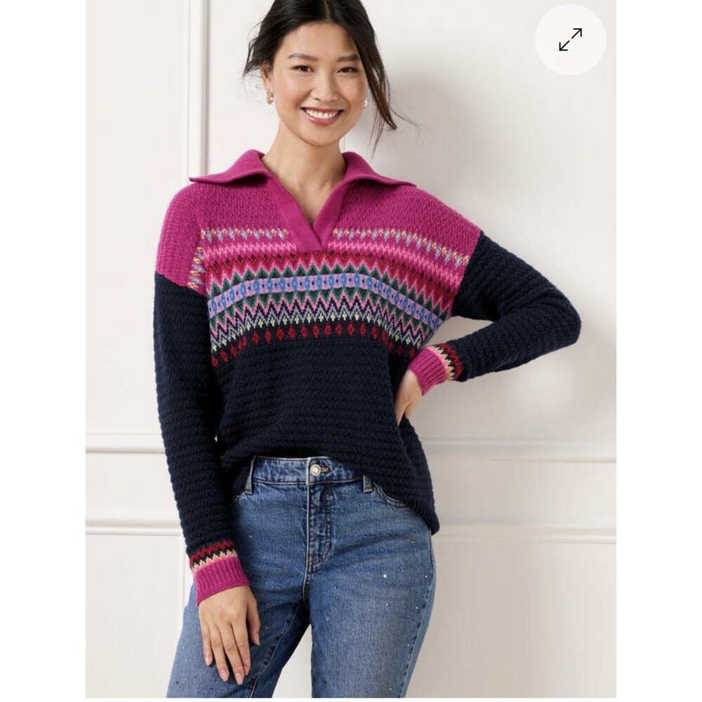 Talbots L Johnny Collar V Neck Colorful Chevron Fair Isle Sweater Pullover